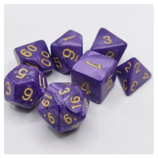 Assorted Game Dice 7-pcs Deep Purple Swirl With Gold Numbering