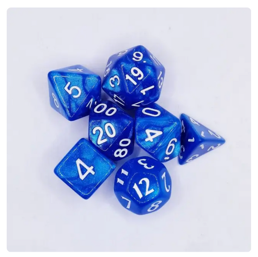 Assorted Game Dice 7-pcs Island Blue Swirl With White Numbering