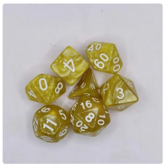 Assorted Game Dice 7-pcs Golden Plains Swirl With White Numbering