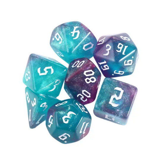 Assorted Game Dice 7-pcs Blue Cotton Candy Swirl With White Numbering