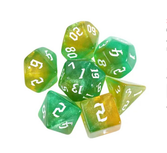 Assorted Game Dice 7-pcs Golden Lime Swirl With White Numbering